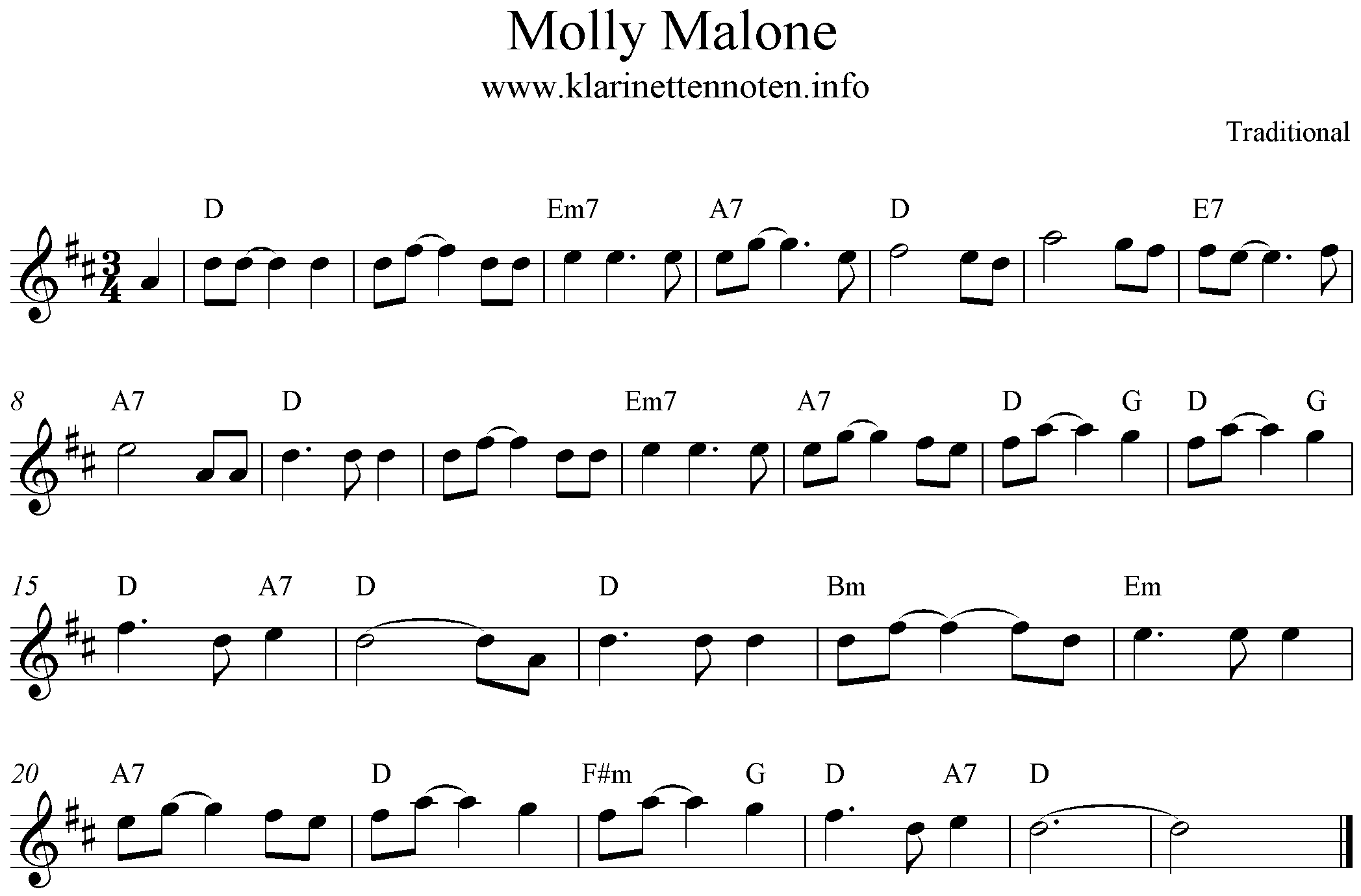 Freesheet music for Clarinet Molly Malone